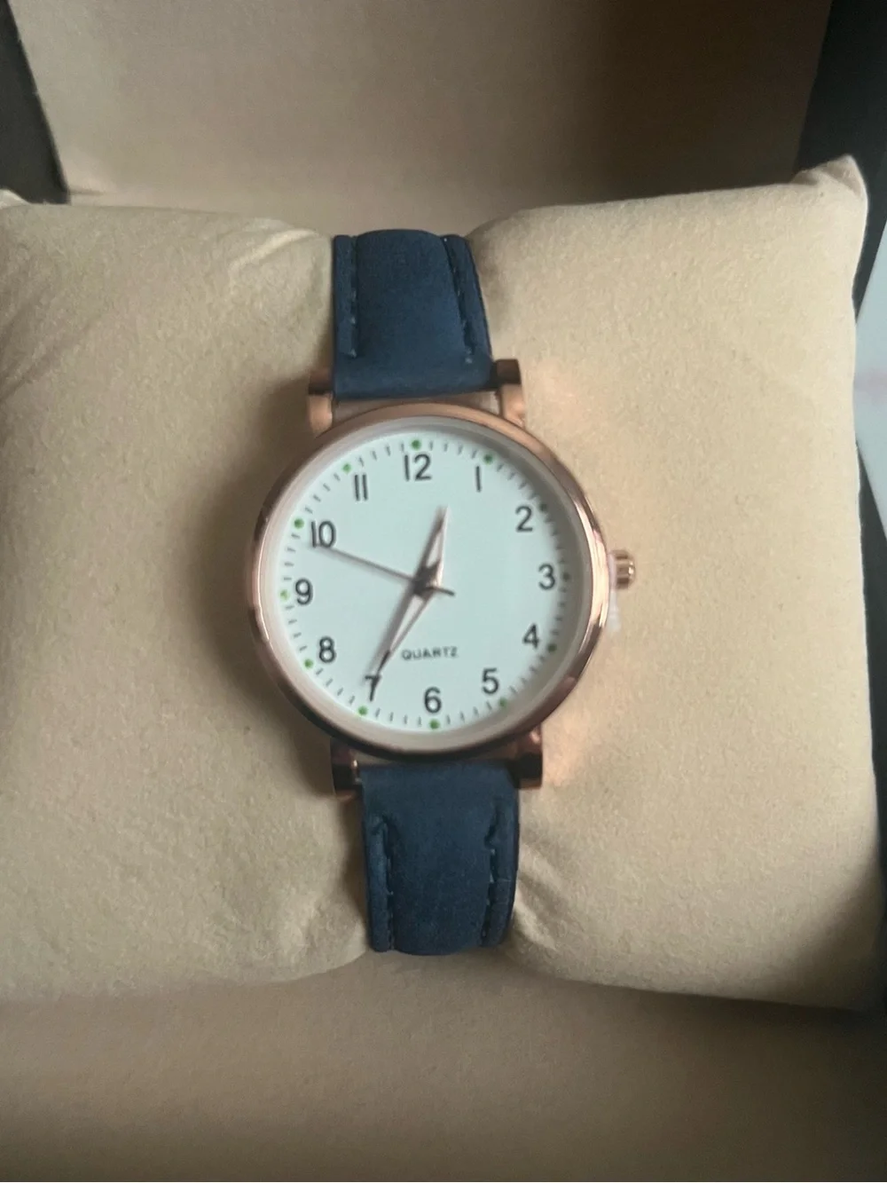 Women’s Round Rose Gold/White Navy Blue Leather Quartz Wrist Watch NWT